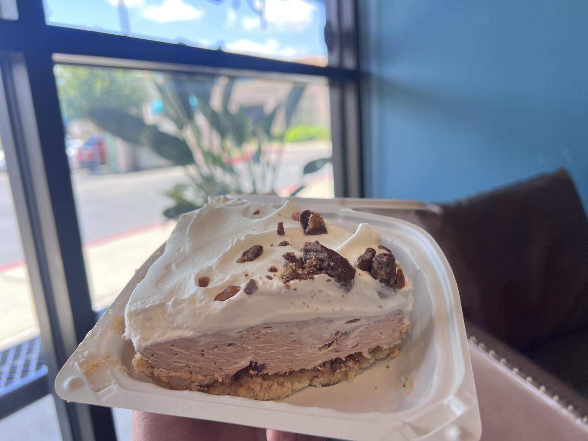 A slice of chocolate peanut butter creme pie for $6.99 from Jantz Cafe & Bakery in Merced.