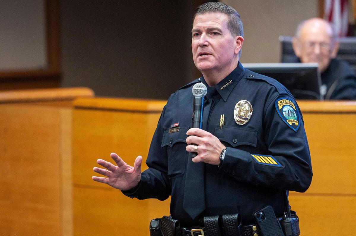 Merced Police Chief Steven Stanfield speaks to those in attendance at the Merced City Council meeting in Merced, Calif., on Monday, Nov. 6, 2023. S