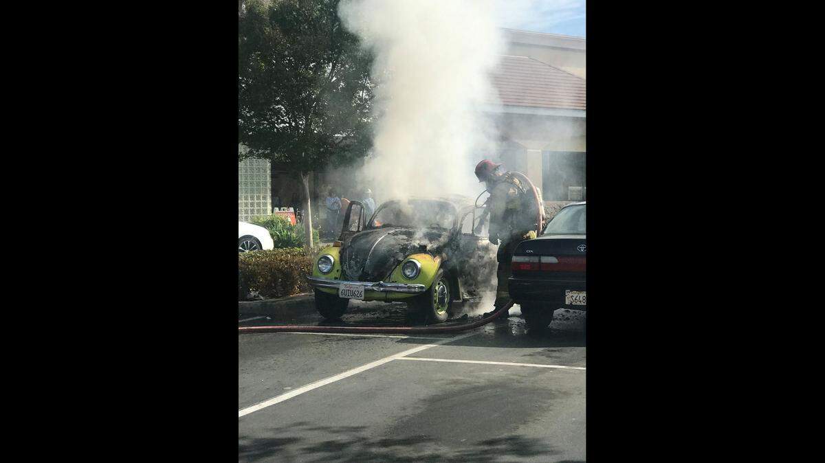 A classic, older model Volkswagen Beetle was burned to major damage Friday, April 19, 2019, following a fire at the Atwater Save Mart parking lot in Merced County, California, according to the Atwater Police Department.