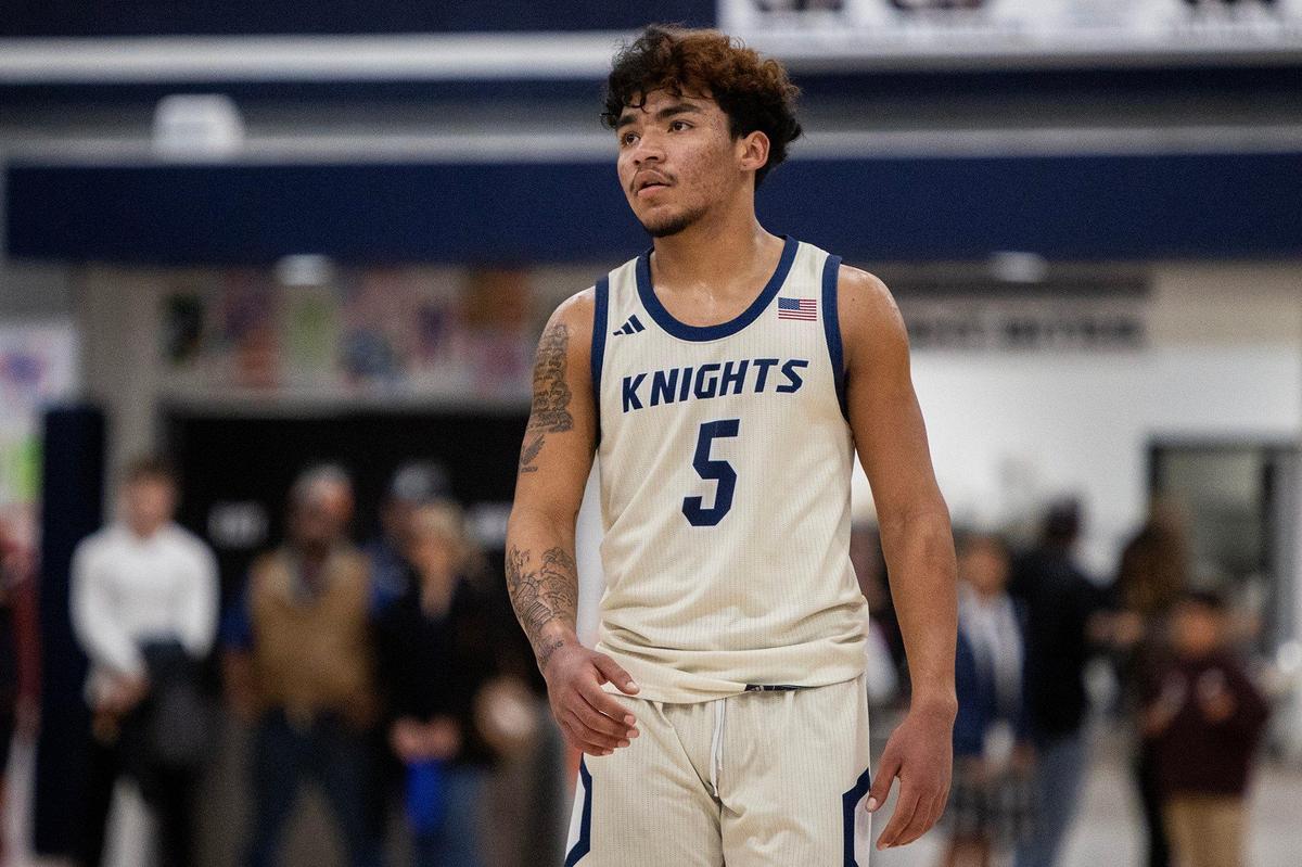 Stone Ridge Christian junior Daijon O’Neil (5) during a CIF NorCal Division VI playoff game against Point Arena at Stone Ridge Christian High School in Merced County, Calif., on Wednesday, March 5, 2025. The Knights beat the Pirates 71-60.
