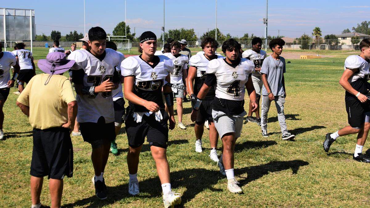 The Buhach Colony High School football team practices on Tuesday, Aug. 16, 2022 as the Thunder prepare for their first game at Gregori High School in Modest, Calif. on Friday, Aug. 19, 2022.