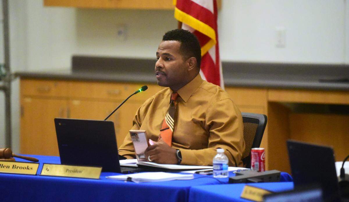 Merced City School District board president Allen Brooks speaks during a board meeting on Tuesday, Sept. 26, 2023 at Ada Givens Elementary School in Merced, Calif.