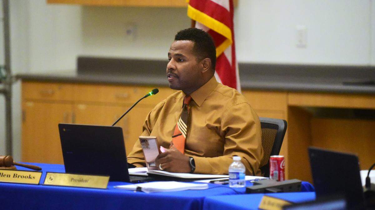 Merced City School District board president Allen Brooks speaks during a board meeting on Tuesday, Sept. 26, 2023 at Ada Givens Elementary School in Merced, Calif.