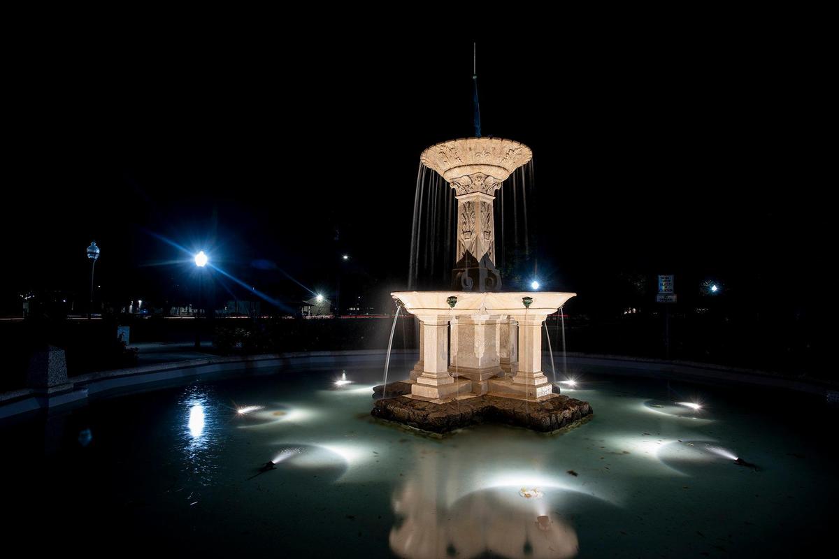 The historic Laura Fountain located in Applegate Park, near the intersection of M Street and West 26th Street in Merced, Calif., on Wednesday, Nov. 13, 2024. The marble fountain built in 1888 by Merced Founder Charles Henry Huffman and named for his third wife Laura Kirkland Huffman, was originally located next to the El Capitan Hotel. The fountain was moved to its current location in 1935. A restoration project was recently completed after the fountain had fallen into disrepair.
