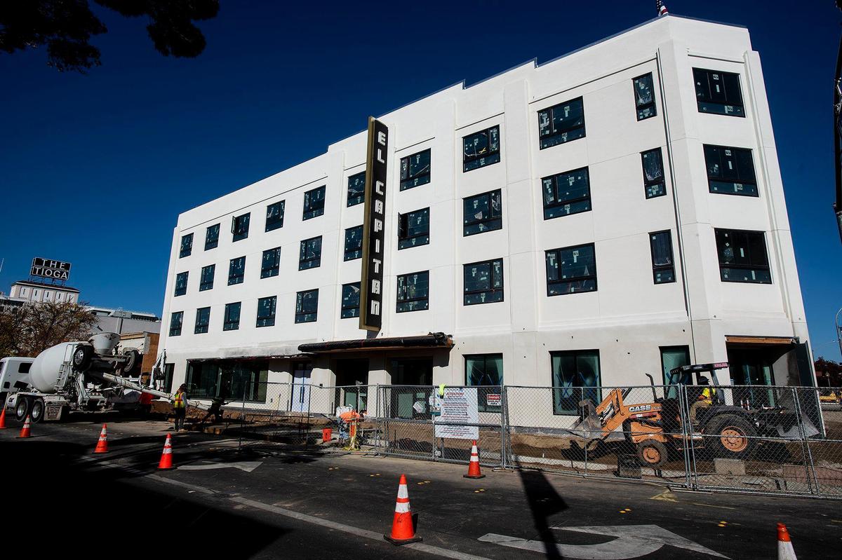 Construction continues on the El Capitan hotel located at 609 W. Main Street in Merced, Calif., on Wednesday, Nov. 25, 2020. According to Director of People and Community Impact Sara Cribari Hill, with the opening of the hotel in 2021, comes the creation of 70 jobs to staff the hotel.
