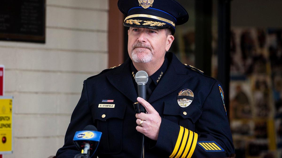 Merced Police Chief Steven Stanfield speaks during an annual ceremony to honor fallen Merced Police officer Stephan Gray at the Merced Police Station in Merced, Calif., on Monday, April 15, 2024. Gray was shot and killed in the line of duty on April 15, 2004.