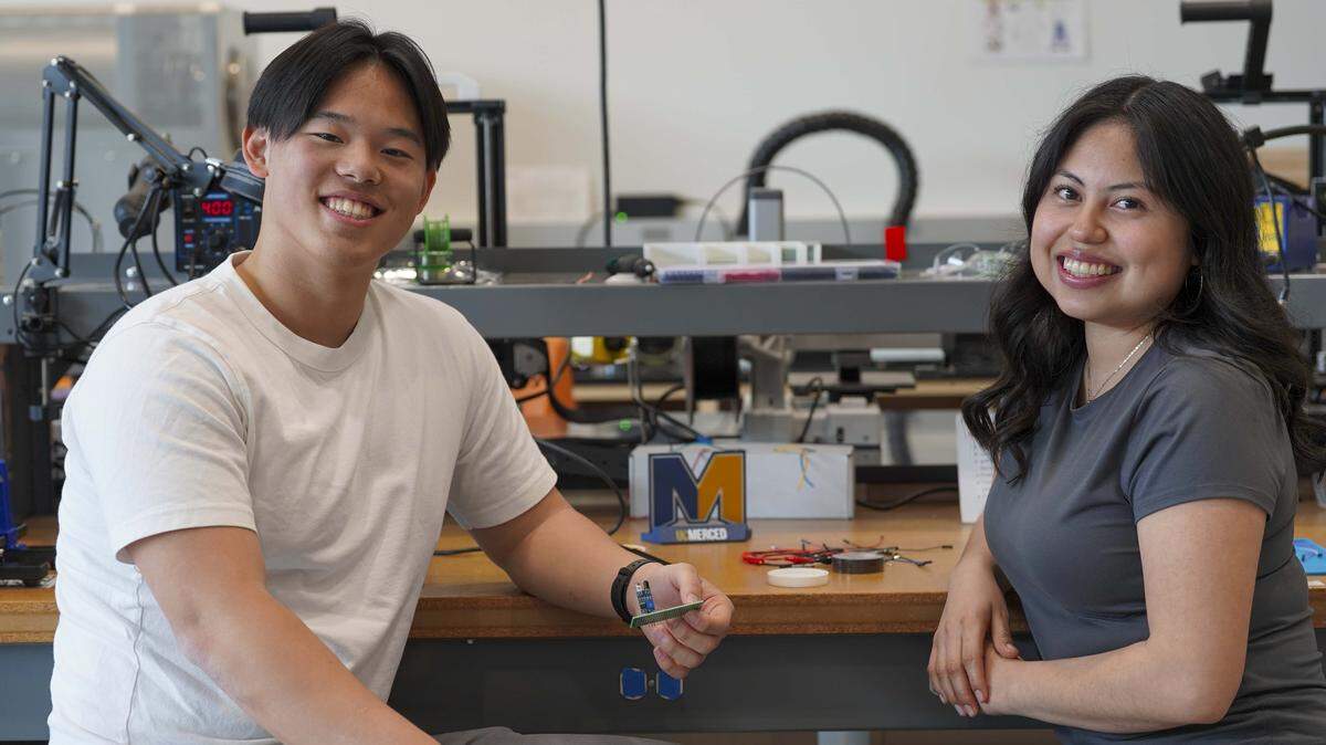 UC Meced students Baron Liu, left, and Lizet Martin-Martinez are pictured inside UC Merced’s Makerspace lab in the School of Engineering.