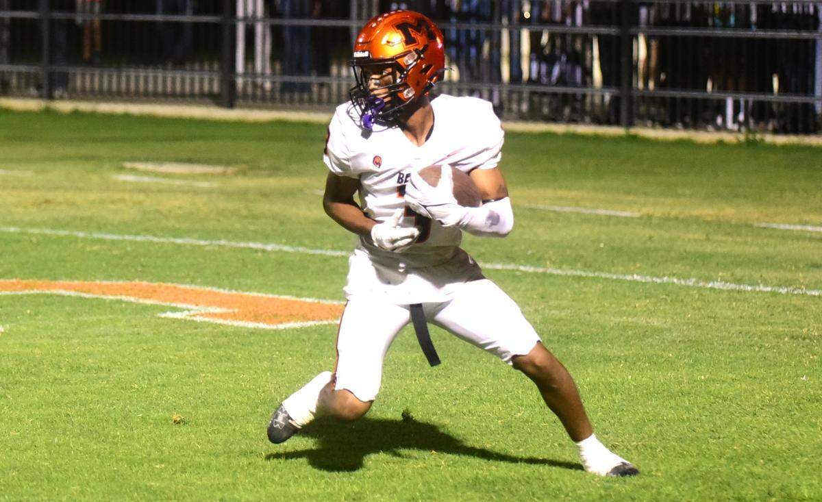 Merced High School junior Jordan Dupree (3) intercepts a pass in the end zone during a 56-7 win over El Capitan at Cathie Hostetler Stadium.