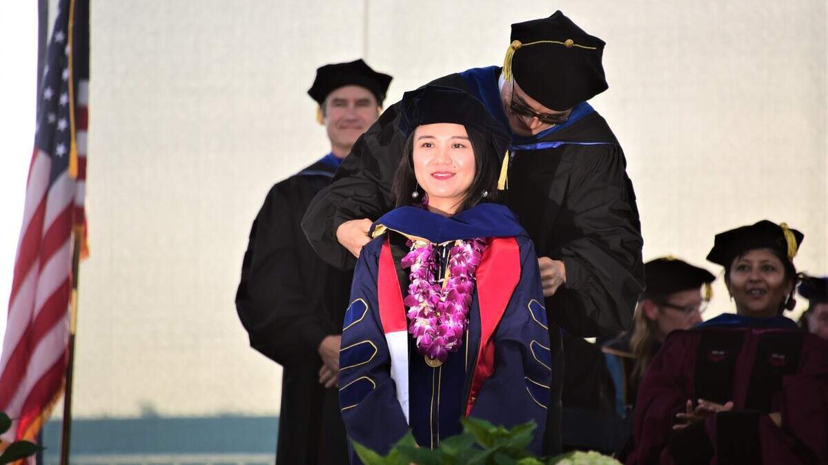 UC Merced graduate student Miaomiao Liu receives her Ph. D in Philosophy Electrical Engineering and Computer Science during UC Merced’s spring commencement ceremony on Friday, May 12, 2023.