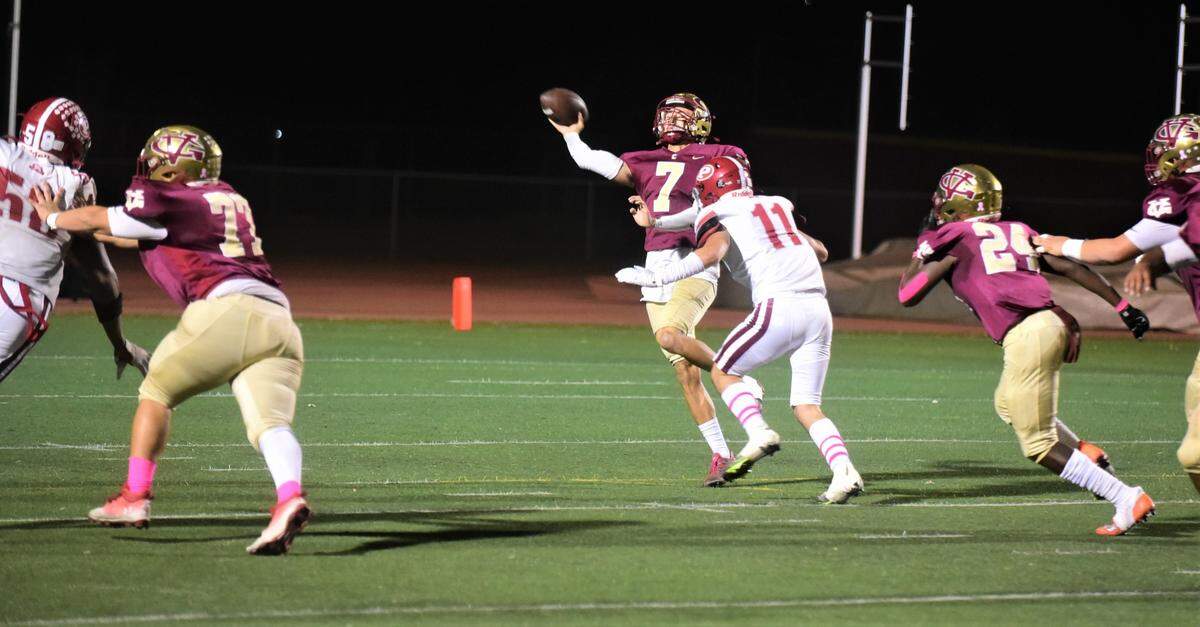 Golden Valley quarterback Eleazar Garza tried to play through an injured ankle against Patterson but he re-aggravated the injury on this second-quarter passing attempt.