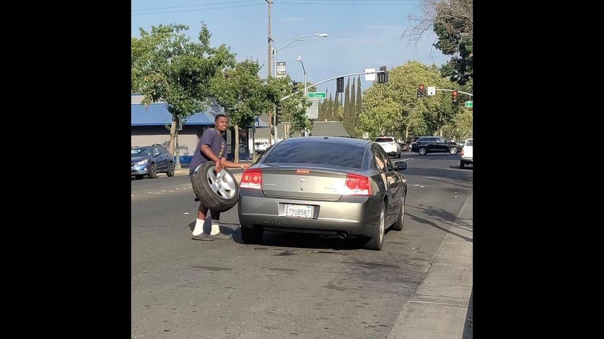 Authorities have asked for the public’s help as they investigate a reported strong-arm robbery after a man allegedly assaulted a Merced tire shop employee and stole a wheel and tire from the West 16th Street business on Saturday, according to the Merced Police Department. Image courtesy of Merced Police Department.