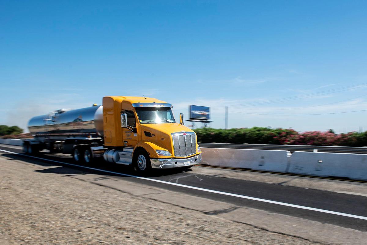 A truck drives north in the right lane of a split section of northbound Highway 99 under construction in Merced, Calif., on Wednesday, May 18, 2022.