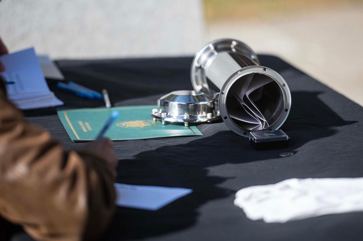 A time capsule is displayed during a ceremony to celebrate the start of a project to restore the exterior of the historic Merced County Courthouse Museum in Merced, Calif., on Wednesday, Dec. 11, 2024. More than $3 million in funding was secured for the restoration process which will help to maintain the building’s structural integrity and long-term sustainability. County officials said the time capsule containing various items will be buried on the property upon completion of the restoration project.