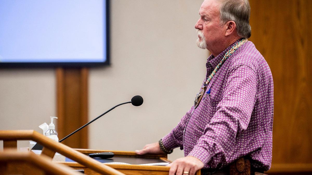 Merced County Sheriff Vern Warnke speaks to county officials about the challenges his agency is experiencing including staffing shortages as staff members leave for neighboring agencies offering better pay and benefits, during the Merced County Board of Supervisors meeting in Merced, Calif., on Tuesday, Nov. 28, 2023.