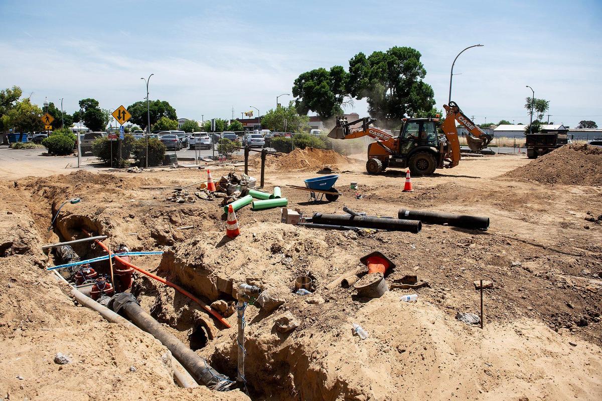 Construction continues at Bob Hart Square in Merced, Calif., on Friday, May 16, 2025. According to the City of Merced, the renovation to the square will include an extended plaza-like design, the addition of trees, a seating area and a stage.