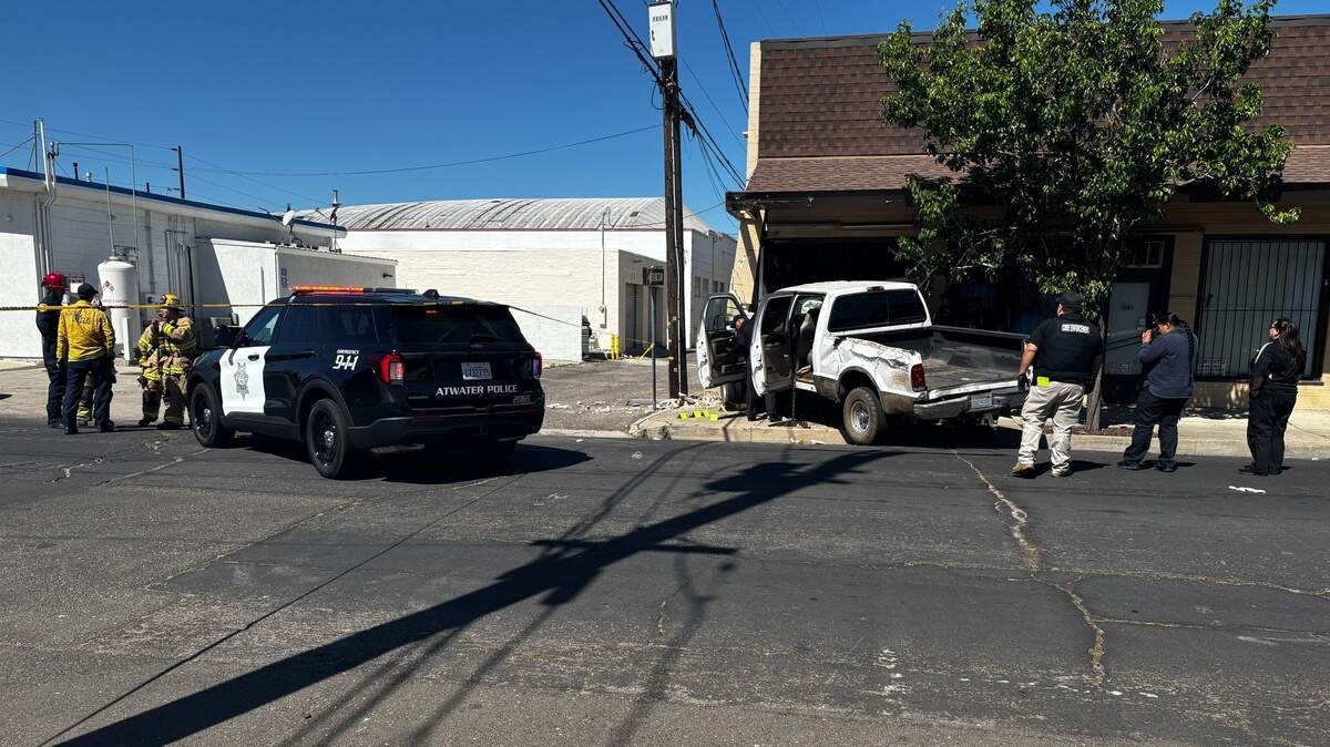 An Atwater man crashed an allegedly stolen pickup truck into a downtown business on Wednesday, April 8, 2026.