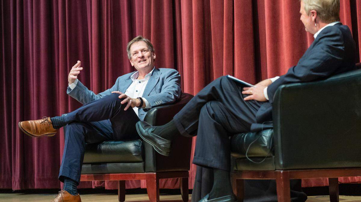 Bestselling author Michael Lewis speaks with Interim Chancellor Nathan Brostrom.