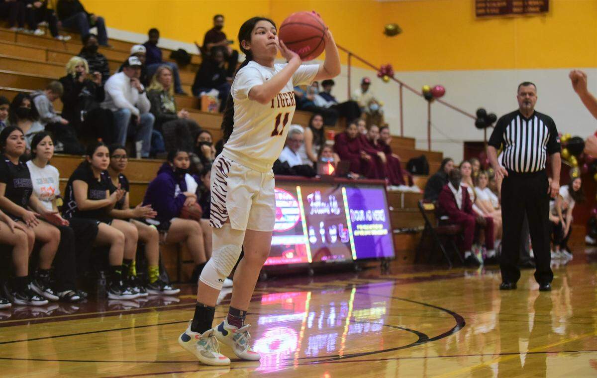 Los Banos High sophomore Athaliah Torres goes up for a shot against Pacheco during a game on Tuesday, Feb. 9, 2022 at Los Banos High School in Los Banos, Calif.