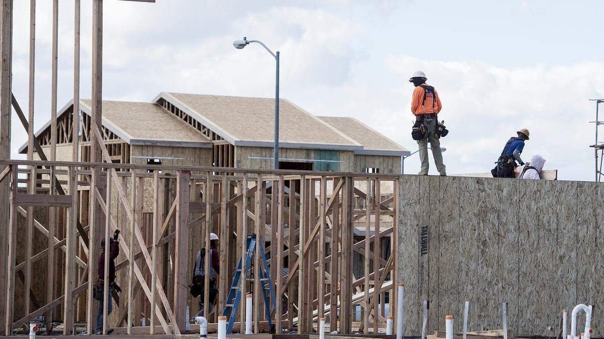 New homes under construction along Sproul Court in Merced, Calif., on Friday, March 8, 2019.
