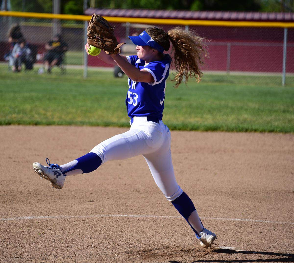 Atwater High ace Megan Escobar delivers a pitch against Golden Valley on Wednesday, April 10, 2019 at Golden Valley High in Merced, Calif.