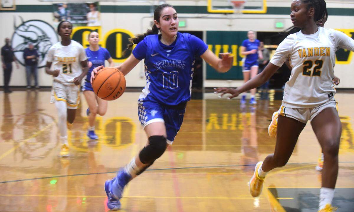 Atwater High School guard Andrea Sandoval drives to the basket during a playoff game against Vanden on Monday, Feb. 19, 2024.