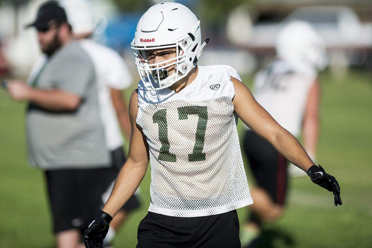 Hilmar’s Bryan Millan during football practice at Hilmar High School in Hilmar, Calif., on Wednesday, July 25, 2018.