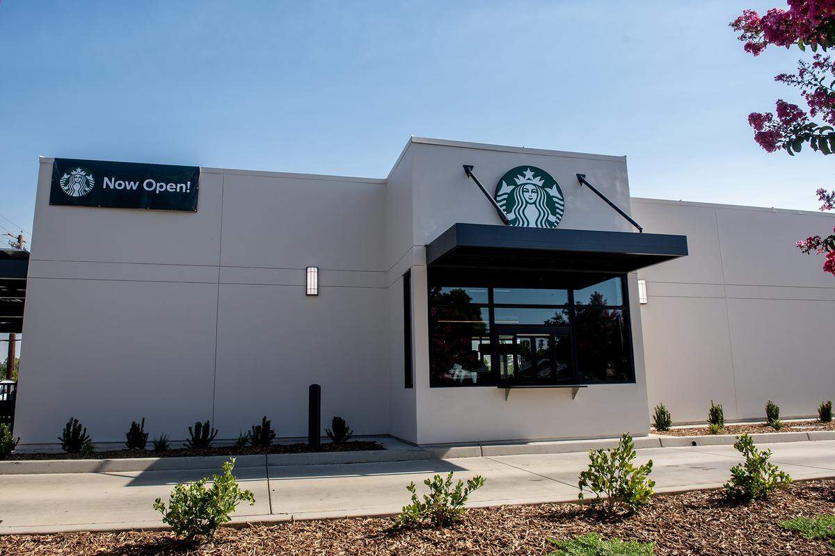 Starbucks at 5 East 23rd Street in Merced, Calif., is seen on Wednesday, Sept. 3, 2025. The new location features a large dining area, a drive thru and a covered patio.