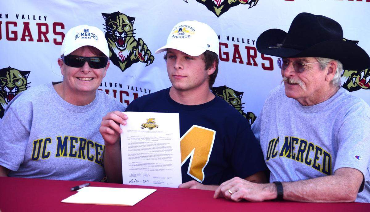 Golden Valley High School senior Justice Hose signed his national letter of intent to play water polo at UC Merced on Thursday, May 16, 2024 at the high school. He’s pictured with his parents Tylene and Harry Hose.