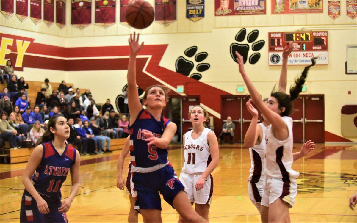 Atwater High sophomore Jolie Hart goes up for a shot for two of her game-high 29 points during a 66-58 win over Golden Valley on Thursday, Jan. 5, 2022 at Cougar Arena at Golden Valley High School.