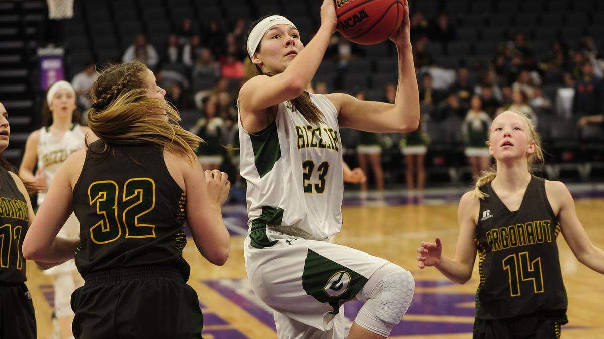 Grizzly standout Milea Appling (23) gets a clear view at the bucket for a shot, during the Mariposa High vs Argonaut Sac-Joaquin Section Division V Championship at Golden 1 Center in Sacramento, on February 23, 2019. Despite a fourth quarter effort to comeback, the Mariposa Grizzlies lost to Argonaut.