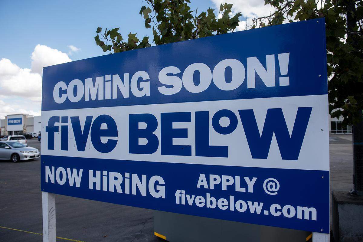 A sign advertising Five Below as “coming soon” to the Shoppes at Merced in Merced, Calif., is seen on Friday, Oct. 3, 2025.
