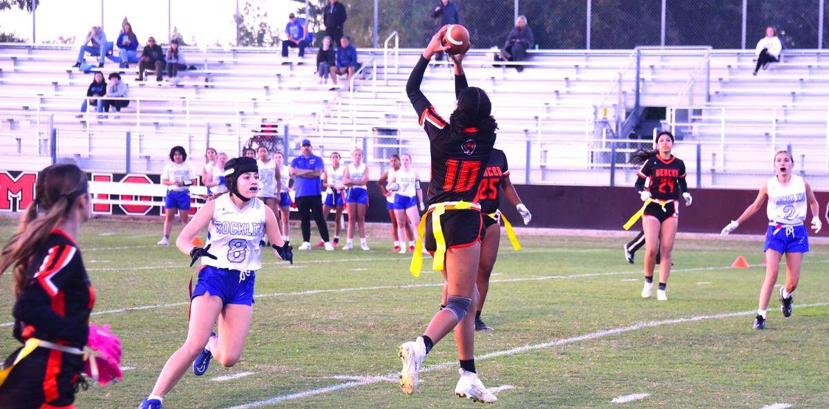 Merced High School freshman receiver Averie Steverson (10) hauls in a touchdown catch during the Bears’ 24-6 playoff win over Rocklin on Thursday, Oct. 26, 2023.