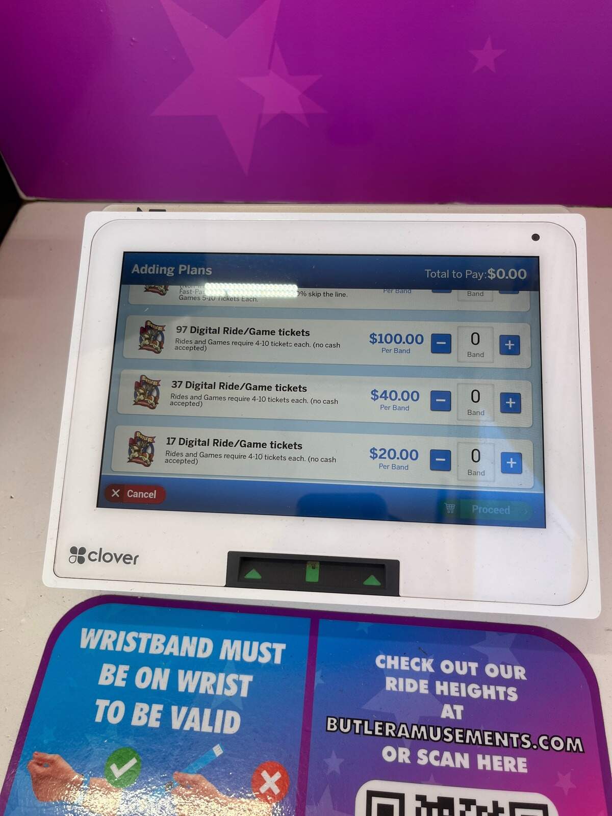 A photo of the ipad screen on which fairgoers can purchase ride wristbands at the Merced County Fair.