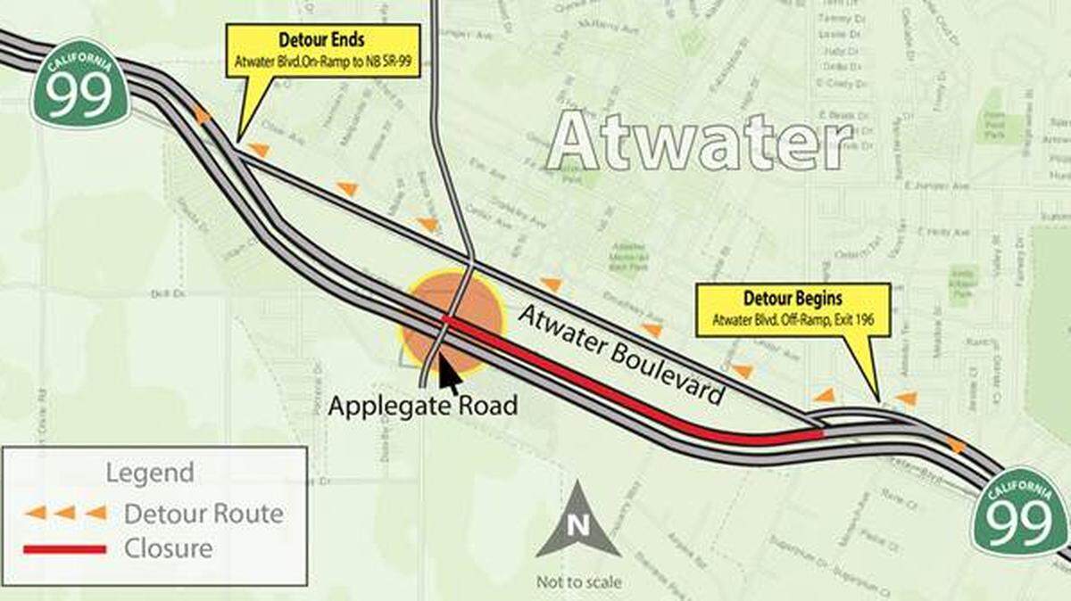 “Motorists traveling on northbound Highway 99 will be directed to detour at the Atwater Boulevard Exit 196 approximately 1.5 miles south of Applegate Road, continue north on Atwater Boulevard, and then take the Atwater Boulevard on-ramp to northbound SR-99.  Traffic on southbound Highway 99 will not be affected,” Caltrans said in a news release.