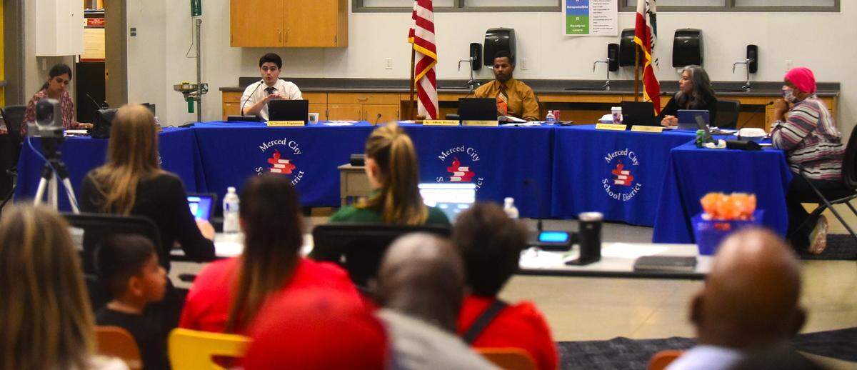 The Merced City School Board held a meeting on Tuesday, Sept. 26, 2023 at Ada Givens Elementary. Pictured from left to right are district trustees Priya Lakireddy, Jessee Espinoa, Allen Brooks, Birdi Olivarez-Kidwell and Beatrice McCutchen.