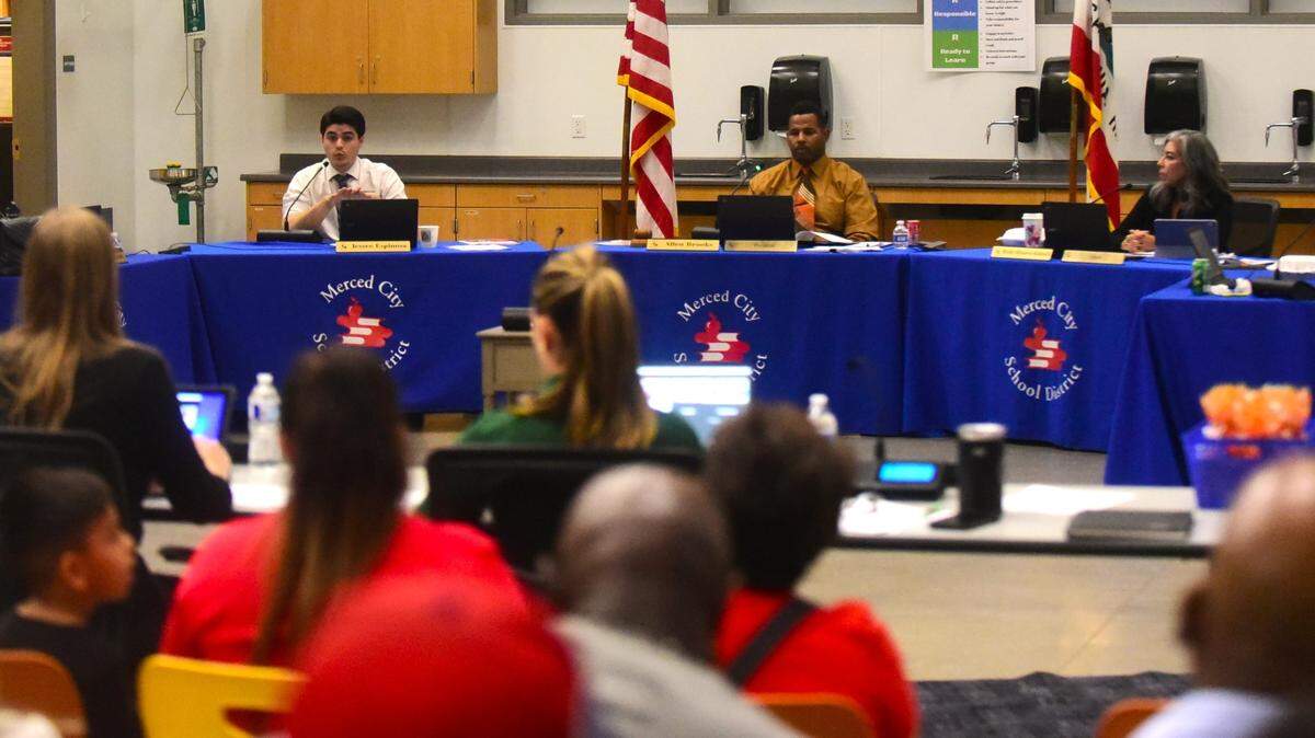 The Merced City School Board held a meeting on Tuesday, Sept. 26, 2023 at Ada Givens Elementary. Pictured from left to right are district trustees Priya Lakireddy, Jessee Espinoa, Allen Brooks, Birdi Olivarez-Kidwell and Beatrice McCutchen.
