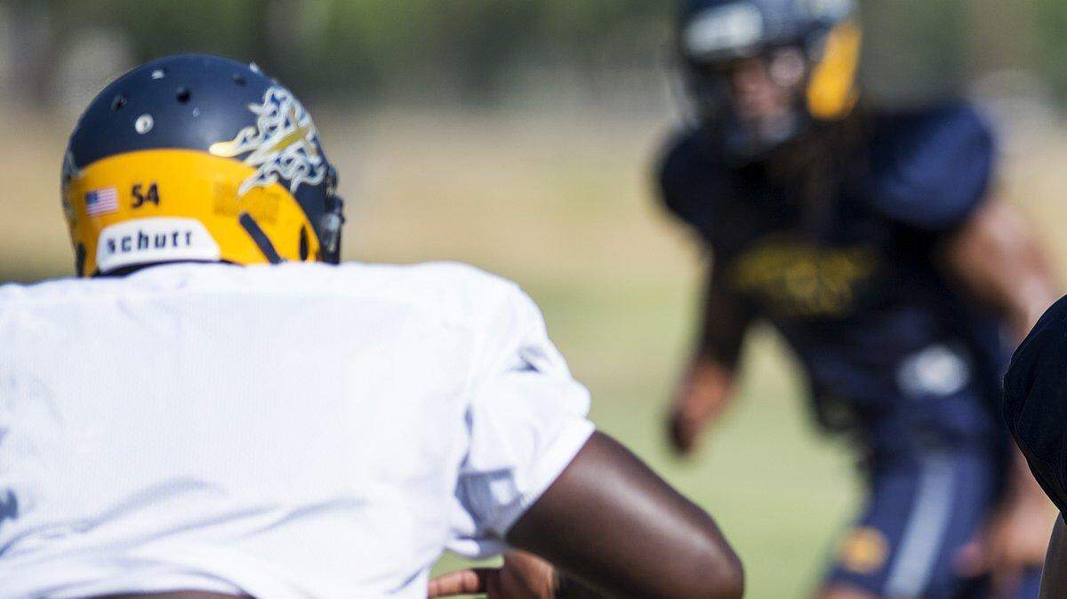 Merced College freshman outside linebacker David Perales, shown here in practice earlier this season, recorded one sack in his debut last week's 40-18 win over College of the Redwoods.