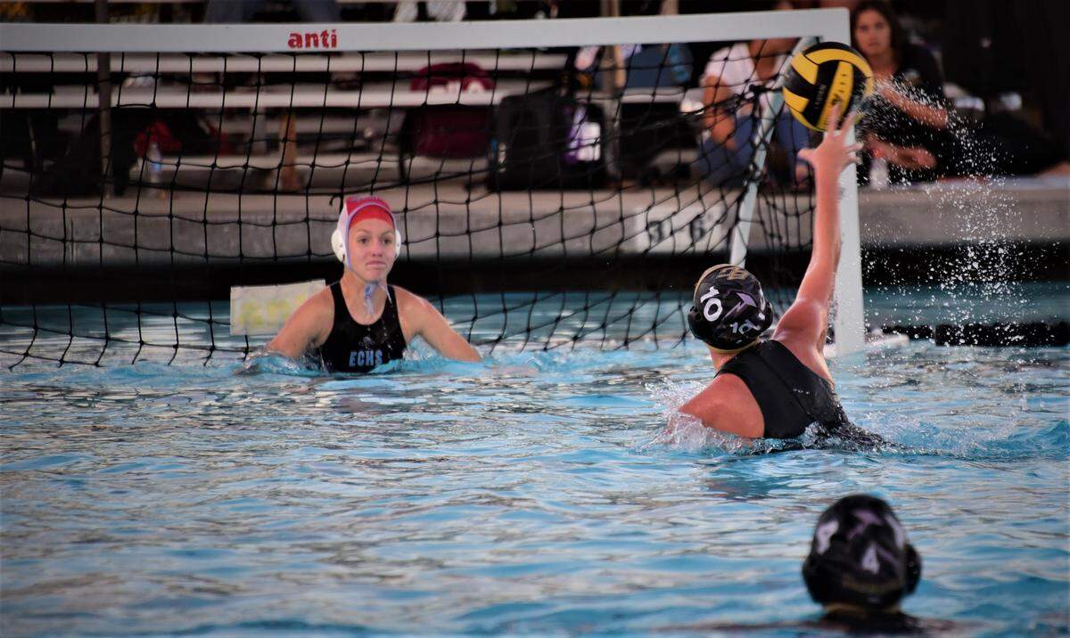 Buhach Colony’s Kyley Abril scores on a penalty shot during a water polo game against El Capitan on Tuesday, Oct. 25, 2022 at Buhach Colony High School in Atwater, Calif.