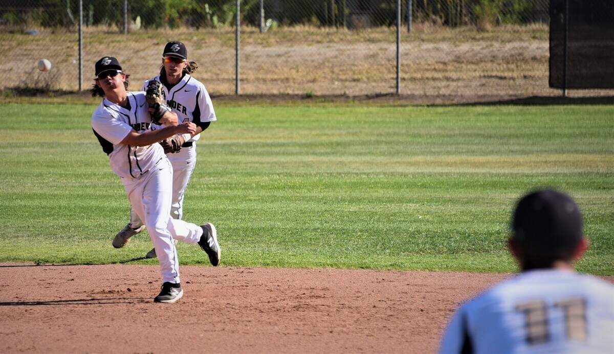Buhach Colony shortstop Cooper Lanz throws to first base for out during a 3-1 playoff win over Mountain House on Tuesday, May 10, 2022 at Buhach Colony High School in Atwater, Calif.