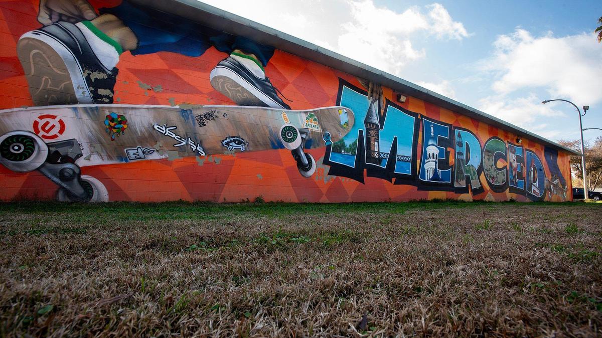 A mural is seen near the skatepark at Applegate Park in Merced, Calif, on Thursday, Dec. 12, 2024.