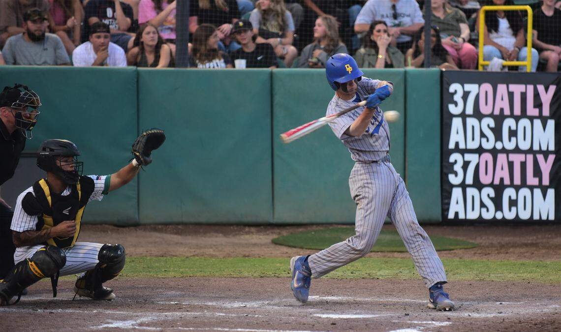Dos Palos High School junior Peyton Van Worth makes contact during the Central Section Division III championship game on Thursday, May 25, 2023 at Valley Strong Ballpark in Visalia, Calif.