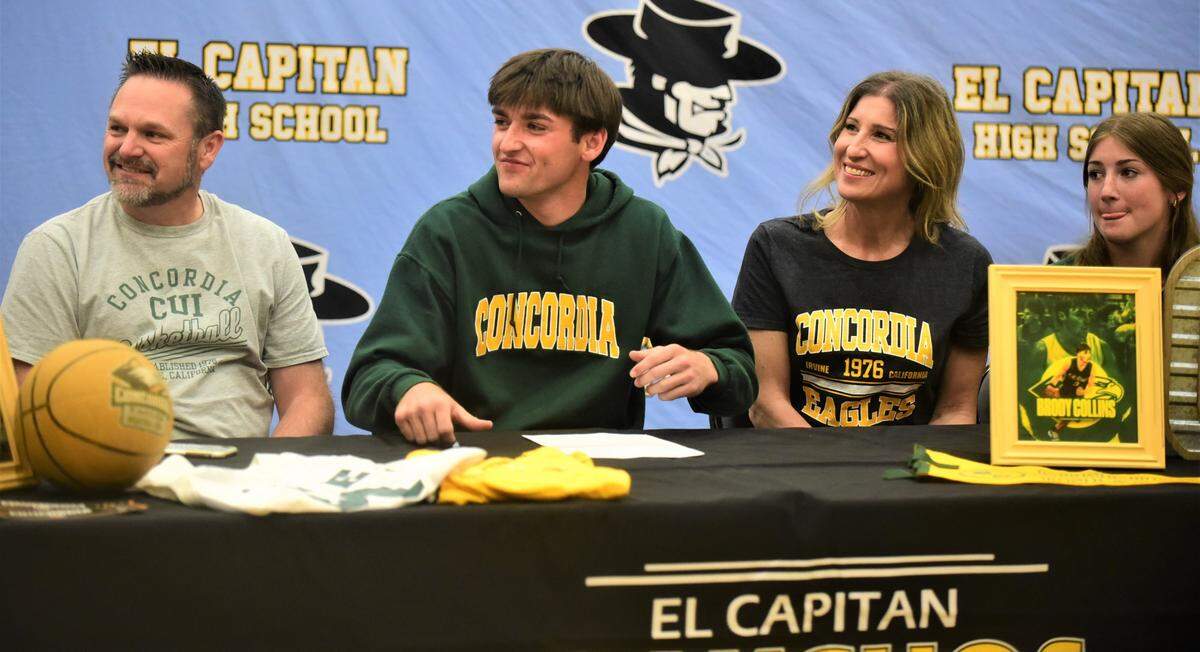 El Capitan High School senior Brody Collins (center) signed his national letter of intent to accept a basketball scholarship to Concordia University on Friday, April 21, 2023. He’s joined by his father Doug, mother Sheri and sister Colette.