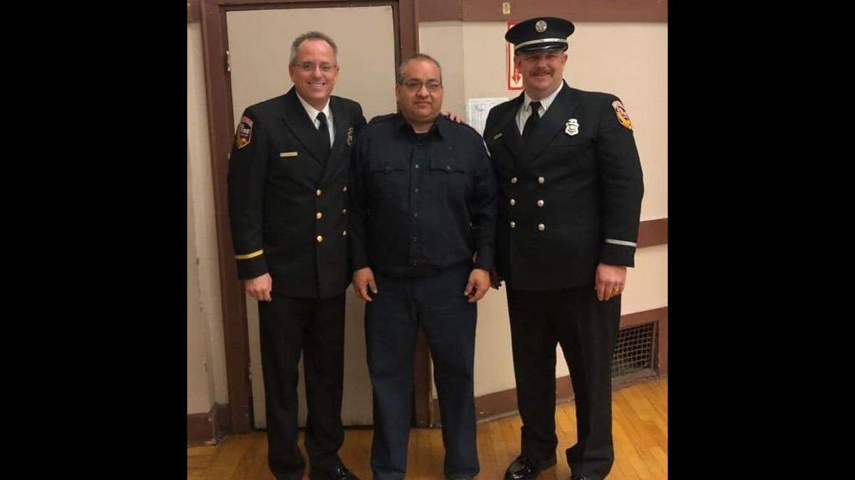 Merced County Cal Fire Captain Paul Rotondaro, right, poses with Cal Fire Chief Jeremy Rahn, left and another individual in this undated photo shared by the Merced County Office of Emergency Services with a message honoring Rotondaro’s service following news he was killed Wednesday, Oct. 2, 2019, in a head-on vehicle collision.