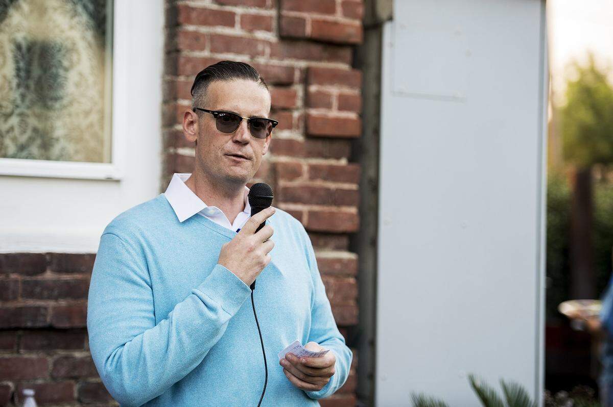 District 4 Merced City Councilmember Kevin Blake, thanks guests at a campaign kickoff party for District 6 candidate Delray Shelton at the Mansion House in Merced, Calif., on Thursday, Aug. 23, 2018. Blake and Shelton are both sergeants with the Merced County Sheriff’s Office.