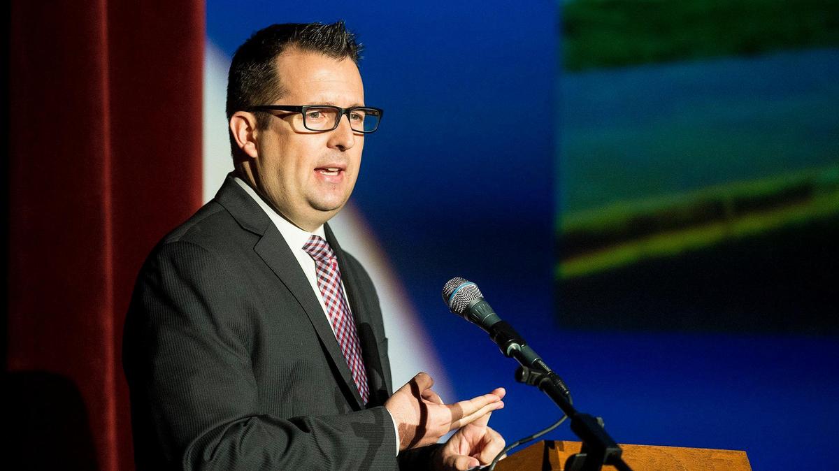 Merced Mayor Mike Murphy speaks during the State of the City Address at the Merced Theatre in Merced, Calif., on Friday, Jan. 27, 2017. Murphy addressed issues such as homelessness, economic development and public safety.
