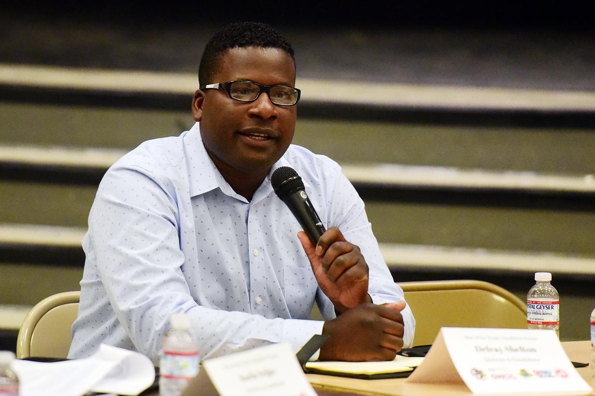 Delray Shelton, a Merced County Sheriff’s sergeant, speaks at a youth-led forum in south Merced on Wednesday, Oct. 17, 2018, where relations with law enforcement was a hot topic.