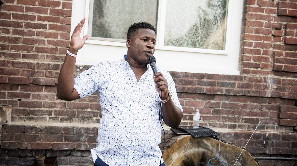 Merced City Council District 6 candidate Delray Shelton, thanks guests for their support during his campaign kickoff party at the Mansion House in Merced, Calif., on Thursday, Aug. 23, 2018. Shelton is a Sgt. with the Merced County Sheriff’s Office.
