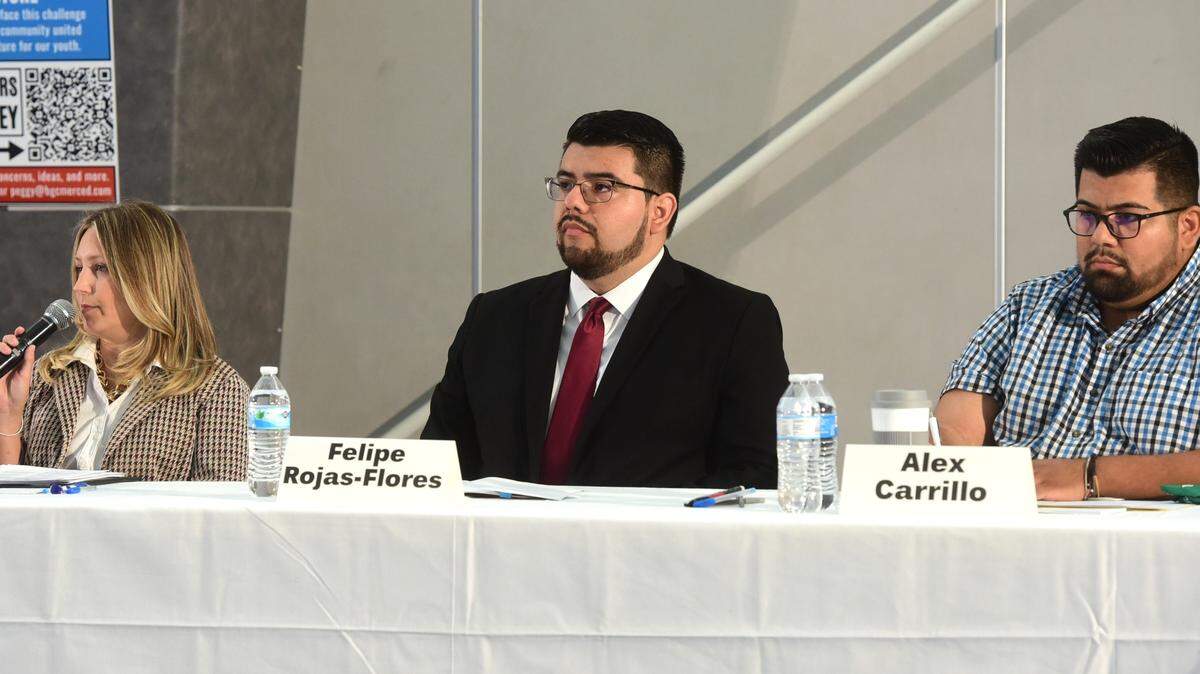 The three candidates running for the District 5 seat of the Merced City Council are Sarah Boyle (left), Felipe Rojas-Flores (center) and Alex Carrillo. The three candidates participated in a candidate forum at the Merced Boys & Girls Club on Saturday, Sept. 14, 2024.