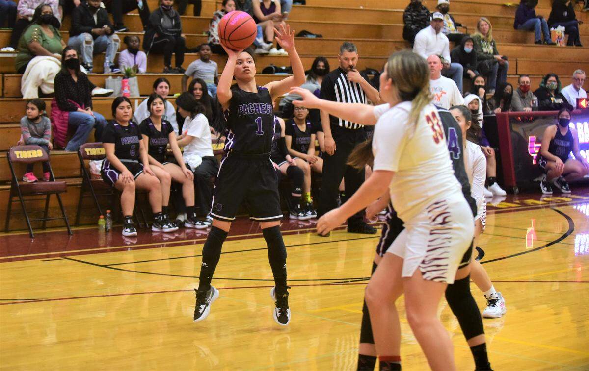 Pacheco sophomore Ryan San Pedro takes a shot against Los Banos during a game on Tuesday, Feb. 9, 2022 at Los Banos High School in Los Banos, Calif.