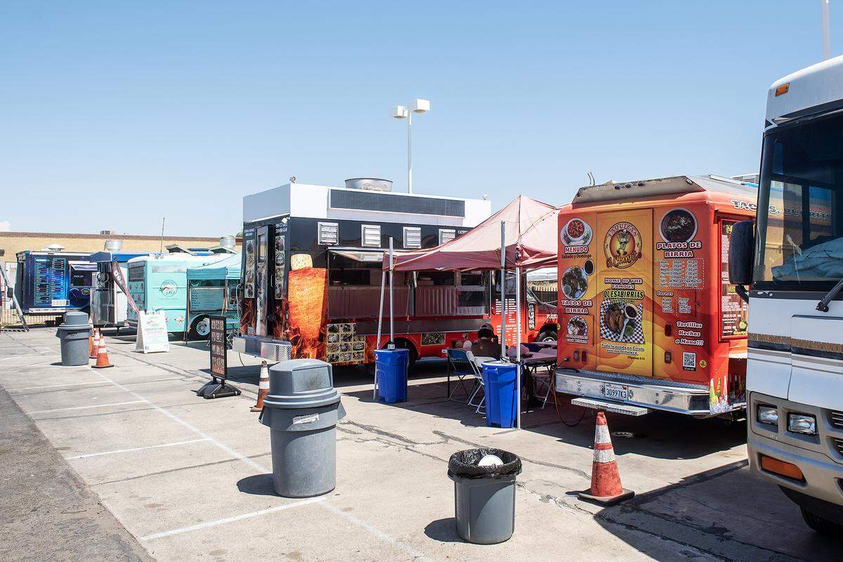 A food truck parking area in the lot of Courtesy Rent a Car, 1055 W. 15th Street in Merced, Calif., on Tuesday, Aug. 12, 2025. The location currently hosts up to nine food trucks offering various cuisine options.